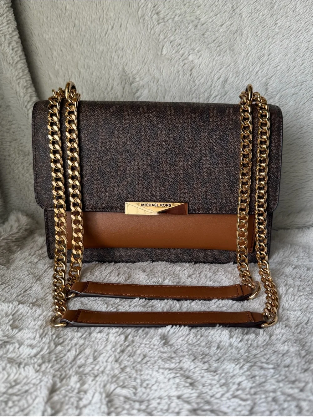 Michael Kors Brown Logo Crossbody with Gold Chain